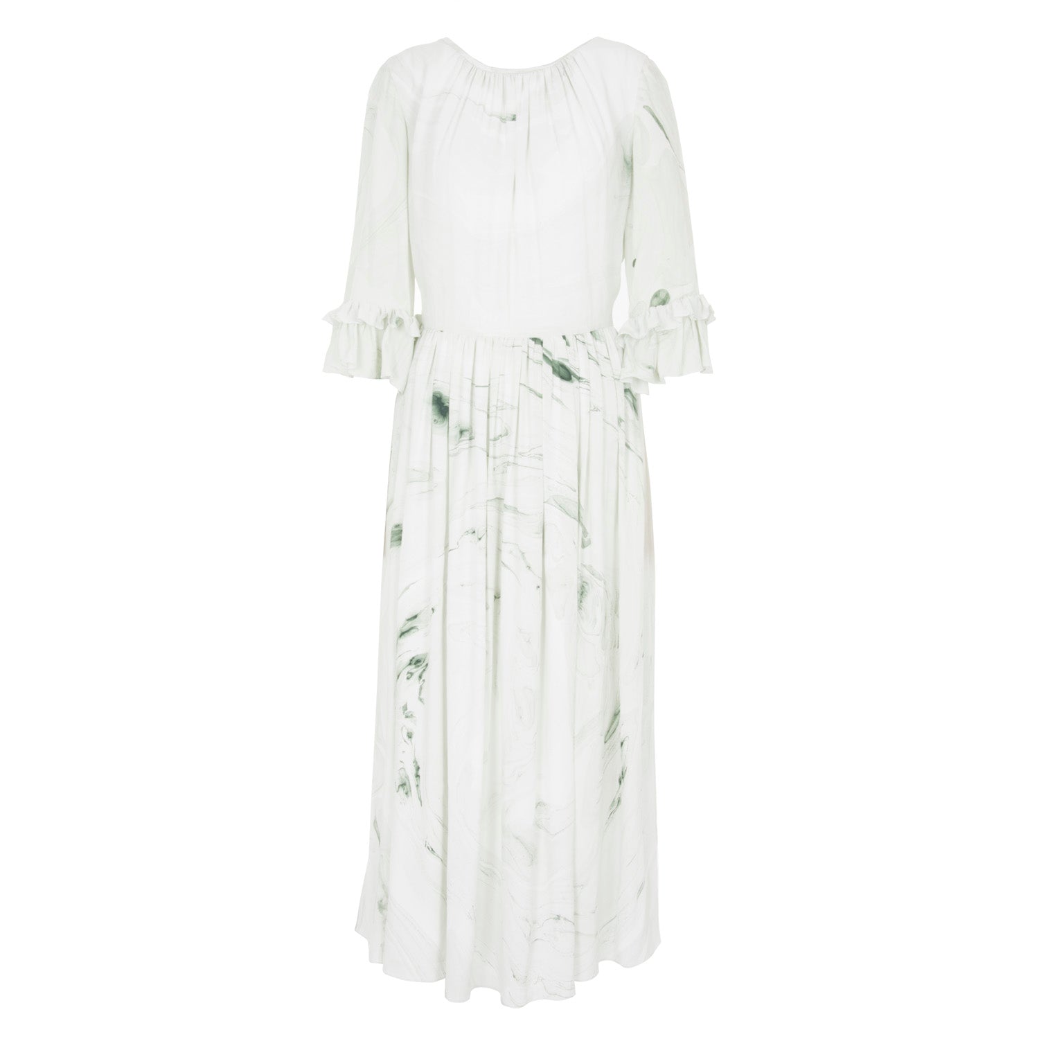 Hand Marbled Silk Gather Dress - White & Green – EDWARD MONGZAR